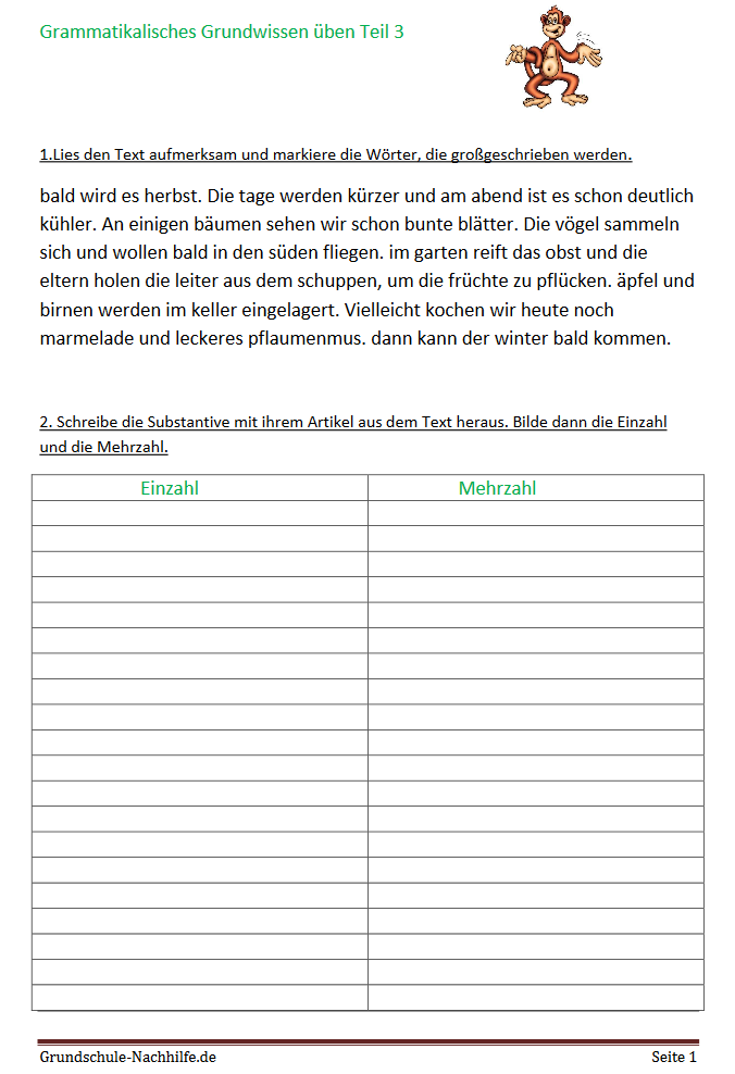 Arbeitsblatt Nachhilfe Deutsch Klasse 2 und 3 Substantive Einzahl und